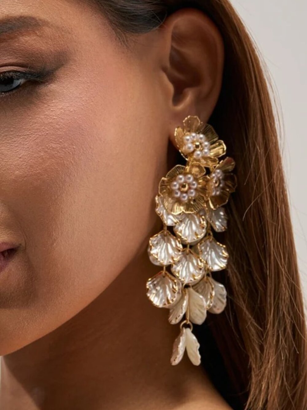 Large Long Bold FLORAL PEARL STATEMENT EARRINGS Gold Dipped Boutique NEW